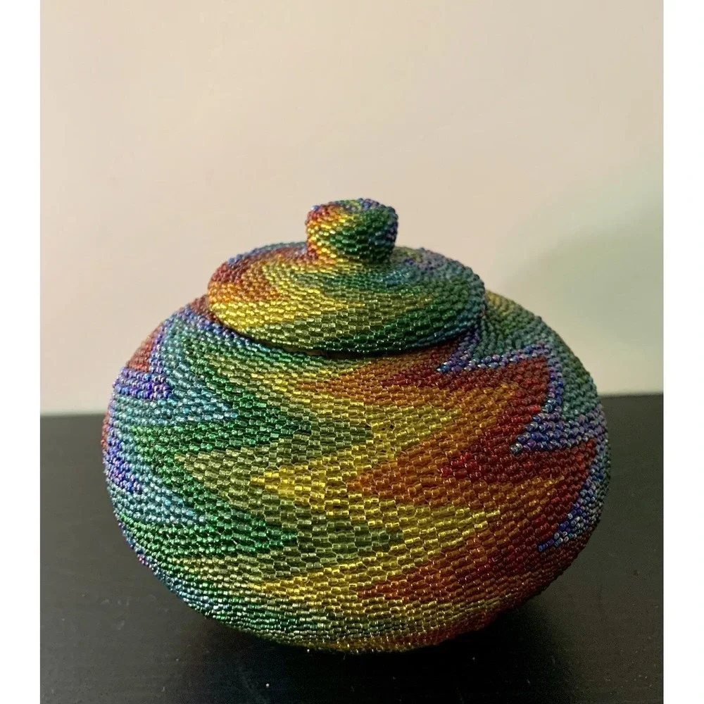 Antique Vtg Hand Woven Multicolor Beaded Rattan Basket Decorative Collectible